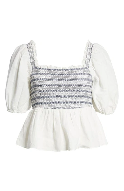 Shop Something Navy Puff Sleeve Smocked Peplum Linen & Cotton Top In White