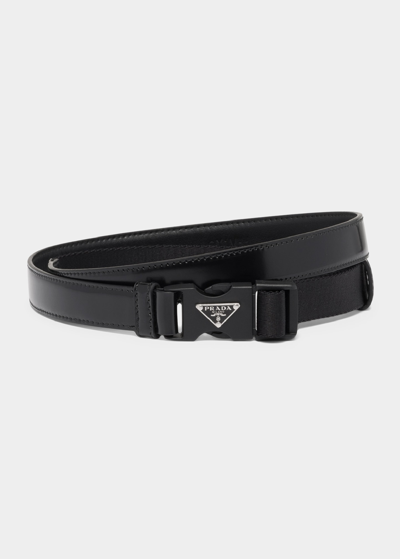 Shop Prada Triangle Logo Leather Belt In F0002 Nero