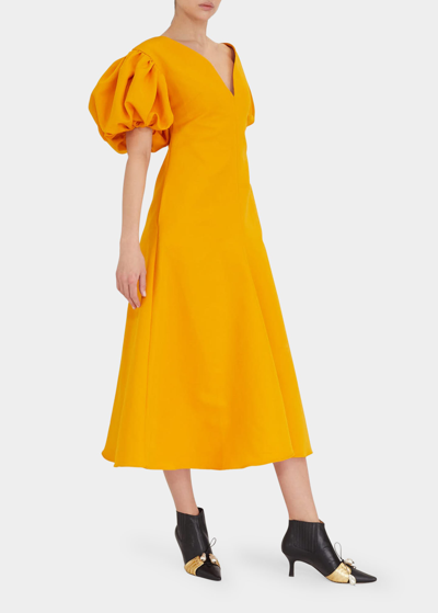 Shop Rosie Assoulin Wind In Your Sails Faille Puff-sleeve Midi Dress In Yellow