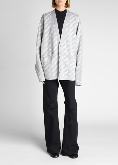 Shop Balenciaga Mini Logo Allover Knit Cardigan In Grey/white