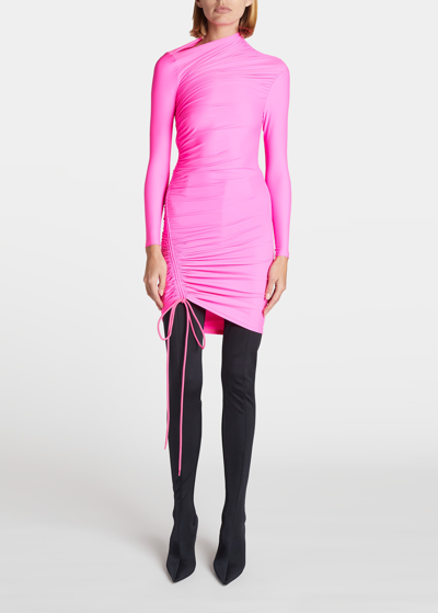 Balenciaga Asymmetric Ruched Neon Stretch-jersey Mini Dress In 