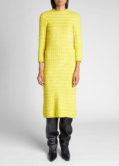 Shop Balenciaga Metallic Eyelash Tweed Backwards Midi Dress In Yellow