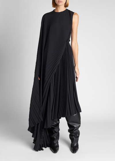 Shop Balenciaga Asymmetric Pleated Cape Maxi Dress In Noir