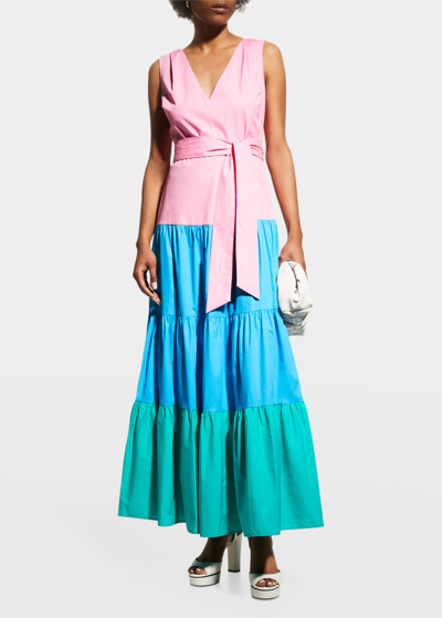Shop Milly Nicola Tiered Colorblock Maxi Dress In Peony/blue