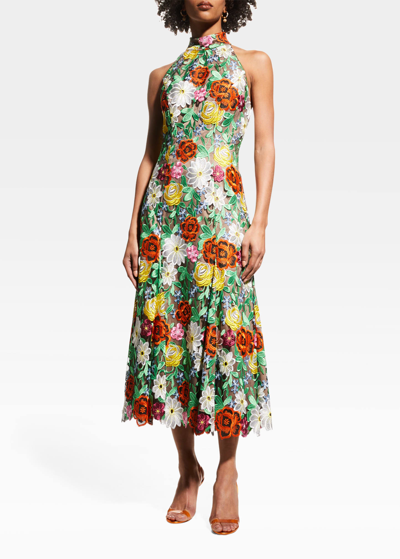 Shop Milly Penelope Floral-embroidered Halter Dress In Multi