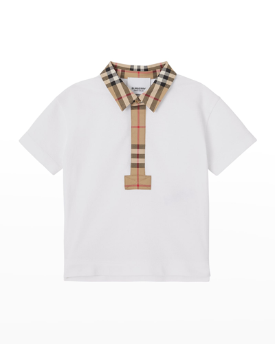 Shop Burberry Boy's Johane Micro Check Polo Shirt In White