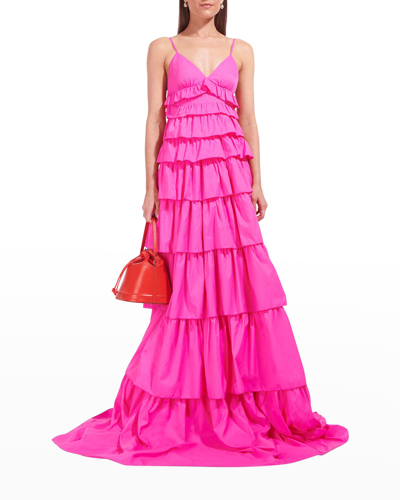 Shop Staud Rylie Tiered Ruffle Tie-back Gown In Bougainvillea