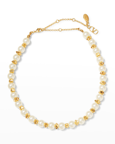 Shop Valentino Pearly Rockstud Necklace In Ivorygold