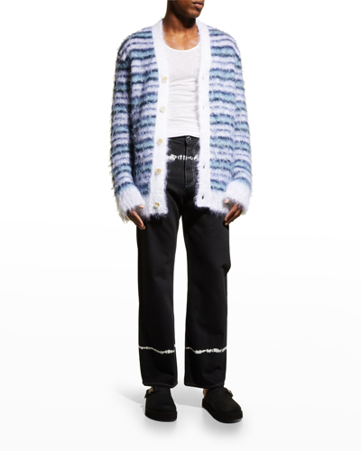 Shop Marni Men's Striped Mohair Cardigan Sweater In Lily/white