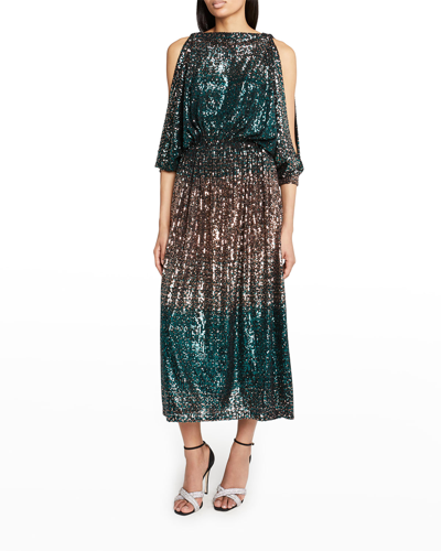 ELIE SAAB OMBRE SEQUIN COLD-SHOULDER MIDI DRESS 