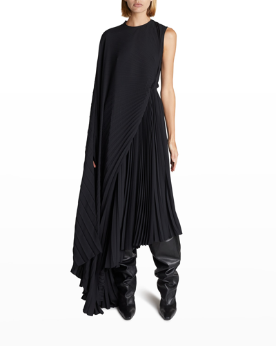 Shop Balenciaga Asymmetric Pleated Cape Maxi Dress In Noir