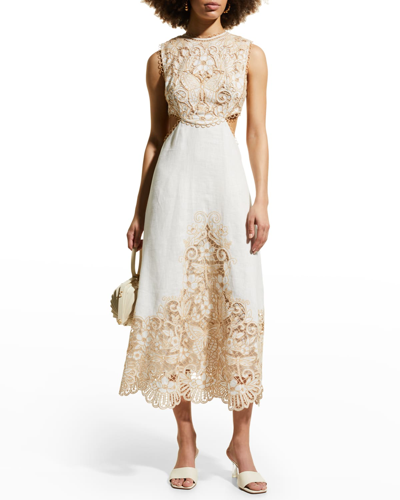 Shop Zimmermann Jeannie Linen Embroidered Cut-out Midi Dress In Ivory