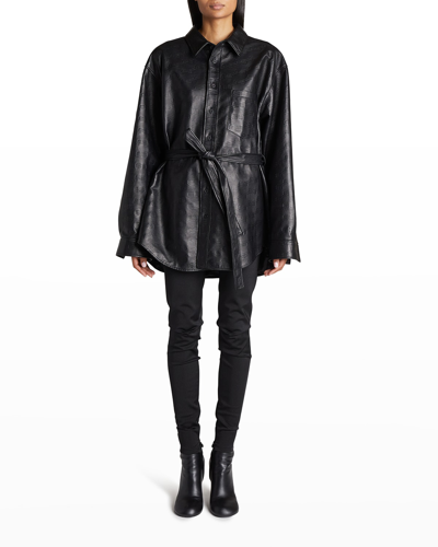Shop Balenciaga Bb Logo Embossed Leather Shirt W/ Self Belt In Noir