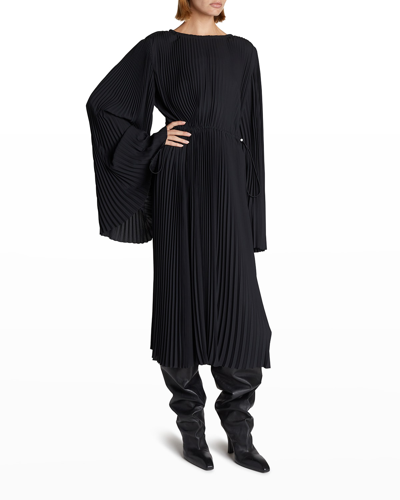 Shop Balenciaga Pleated Drawcord Crepe Midi Dress In Noir
