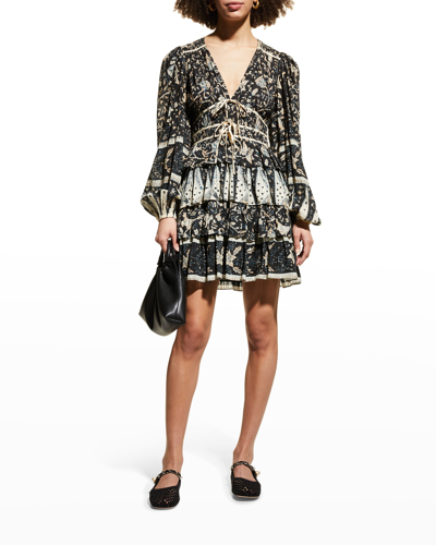 Shop Ulla Johnson Nina Lantern-sleeve Tiered Fit-&-flare Mini Dress In Rainforest