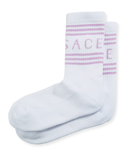 Shop Versace Short Socks W/ Striped Logo Cuff In Pink