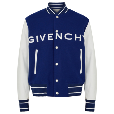 Shop Givenchy Blue Logo Wool-blend Varsity Jacket In White And Blue