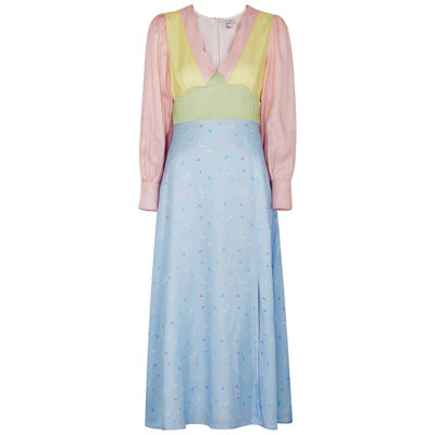 Shop Olivia Rubin Tara Panelled Satin Midi Dress In Blue/pink/yellow