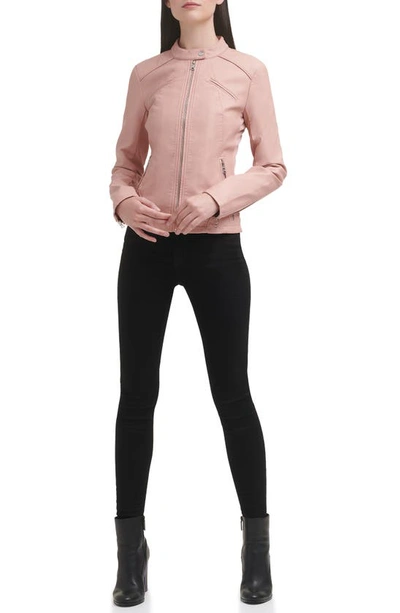 Shop Guess Faux Leather Racer Jacket In Dusty Pink