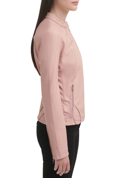 Shop Guess Faux Leather Racer Jacket In Dusty Pink