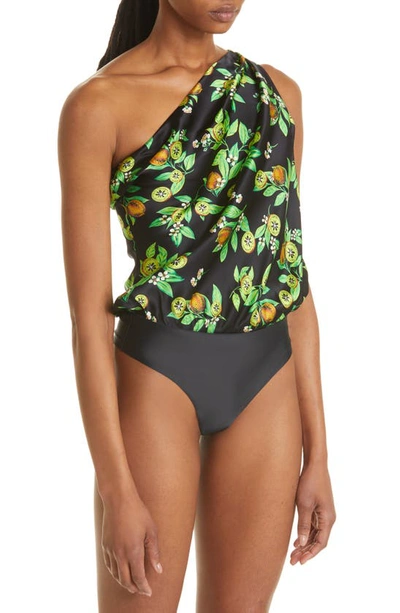 Shop Cami Nyc One-shoulder Stretch Silk Bodysuit In Kiwi Floral