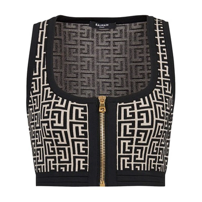 Shop Balmain Monogram Short Top In Ivoire Noir