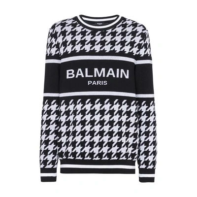 Shop Balmain Pied-de-poule Wool Sweater In Blanc Noir