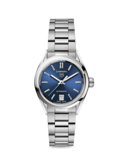 Shop Tag Heuer Women's Carrera Stainless Steel & Blue Dial Automatic 29mm Bracelet Watch In Silver