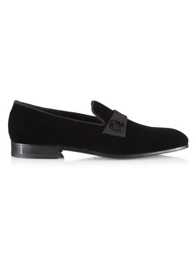 Shop Ferragamo Men's Velvet Gancio Loafers In Black