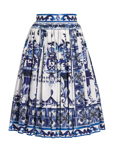 Shop Dolce & Gabbana Women's Blu Mediterraneo Pleated Painterly Midi-skirt In Tris Maioliche