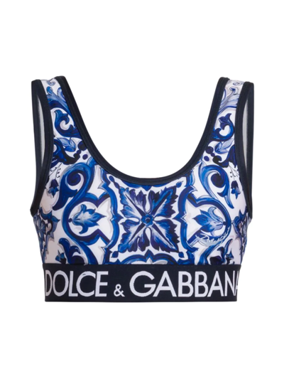 Shop Dolce & Gabbana Women's Blu Mediterraneo Cropped Painterly Logo Top In Maiolica
