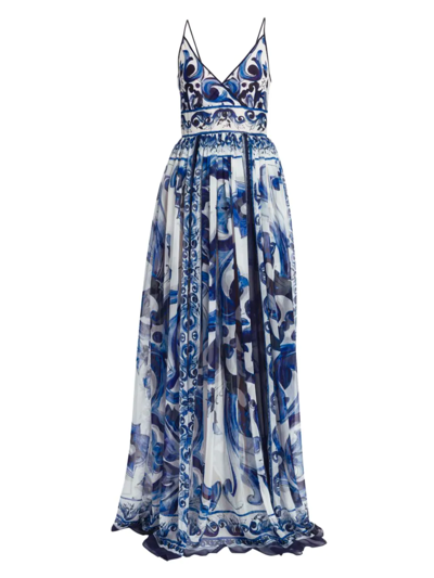 Shop Dolce & Gabbana Women's Blu Mediterraneo Sleeveless Painterly Maxi Dress In Tris Maioliche
