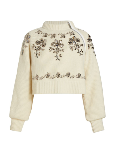 Shop Sacai Women's Beaded Floral Zip Sweater In Off White