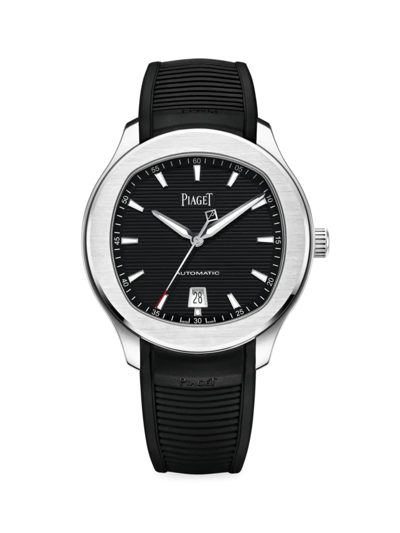 Shop Piaget Women's  Polo Stainless Steel & Rubber Date Watch In Black