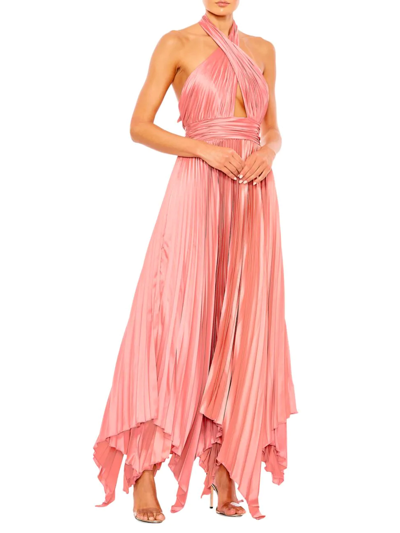 Shop Mac Duggal Women's Pleated Satin Halterneck Gown In Rose Pink