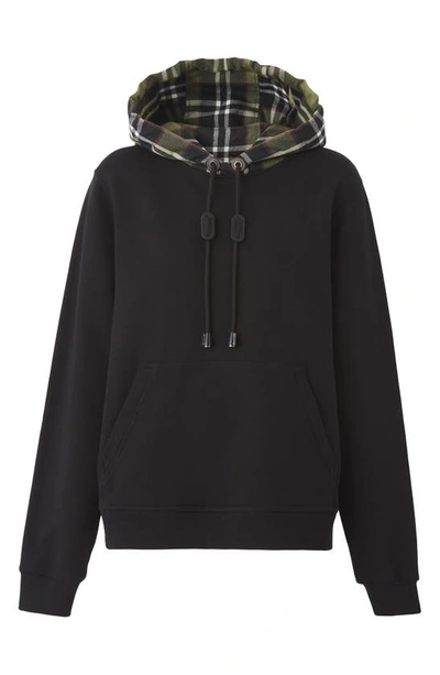 Shop Burberry Poulter Check Hood Cotton Hoodie In Black