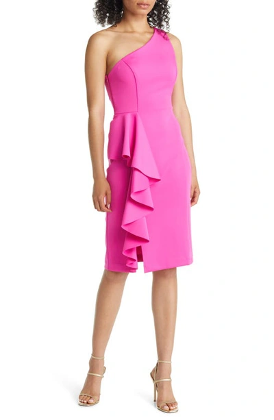 Shop Eliza J One-shoulder Ruffle Scuba Dress In Magenta