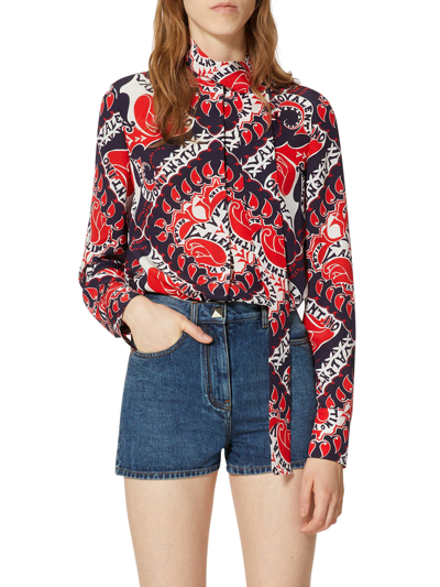 Shop Valentino Archive Bandana Poster Print Crepe De Chine Shirt In Red