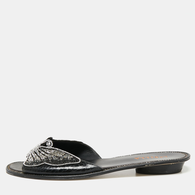 Pre-owned Le Silla Black Snakeskin Embossed And Leather Butterfly Embellished Slide Sandals Size 37