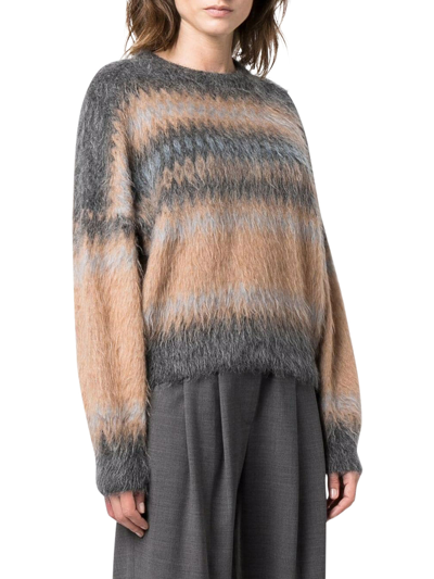 Shop Brunello Cucinelli Nordic Intarsia Sweater In Mohair And Wool With Monili In Grey