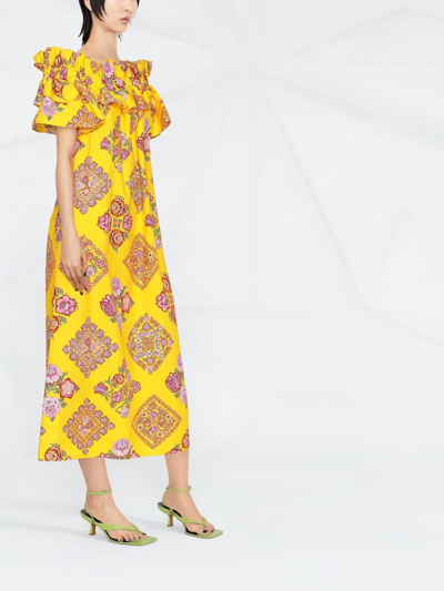 Shop La Doublej Breakfast Off-shoulder Ruffled Dress In Yellow