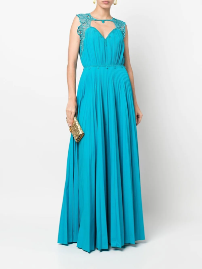 Shop Alberta Ferretti Lace-detail Pleated Gown In Blue