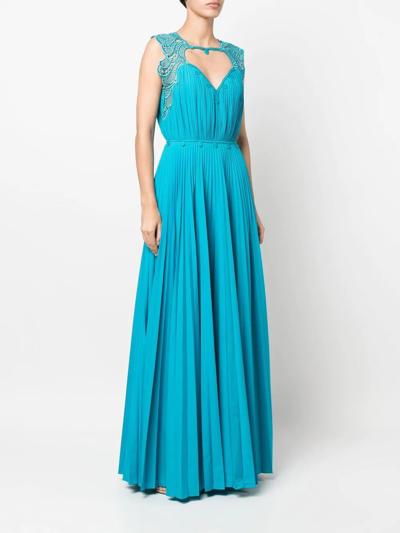 Shop Alberta Ferretti Lace-detail Pleated Gown In Blue