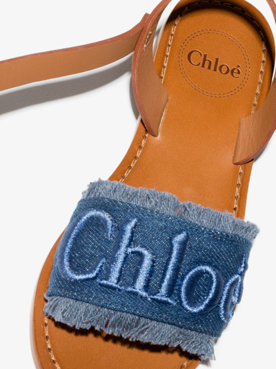 Shop Chloé Embroidered-logo Leather Sandals In Blue