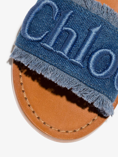 Shop Chloé Embroidered-logo Leather Sandals In Blue