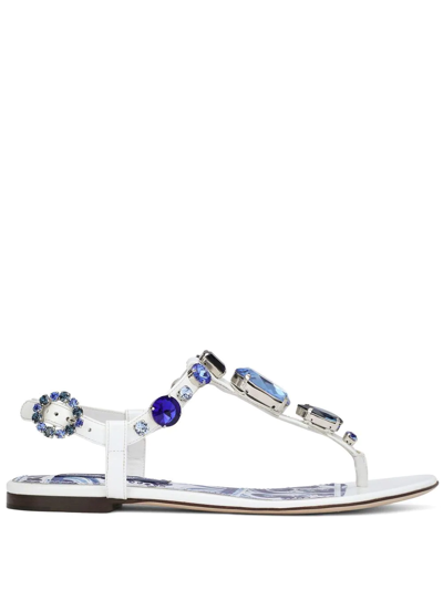 Shop Dolce & Gabbana Bejewelled Patent Leather Thong Sandals In White