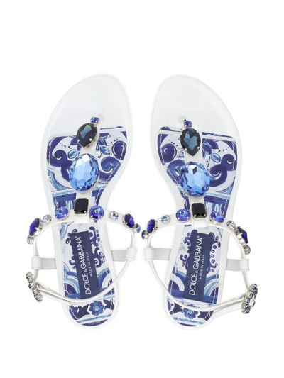Shop Dolce & Gabbana Bejewelled Patent Leather Thong Sandals In White