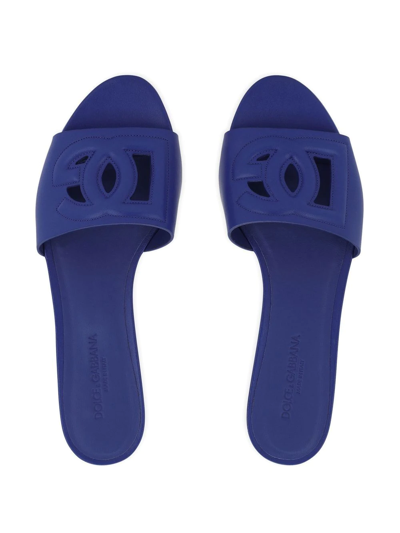 Dolce & Gabbana Bianca Dg Logo Flat Sandals In Calf Leather In Blue
