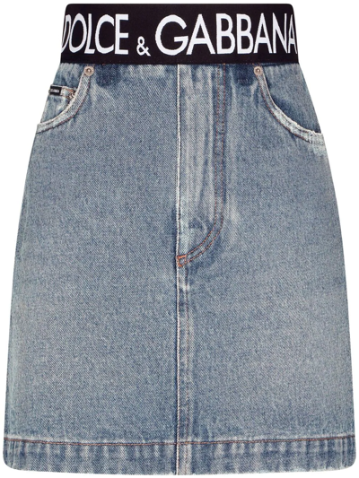 Shop Dolce & Gabbana Logo-waistband Denim Miniskirt In Blue