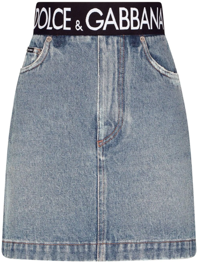 Dolce & Gabbana Short Denim Skirt With Branded Waistband In Blue